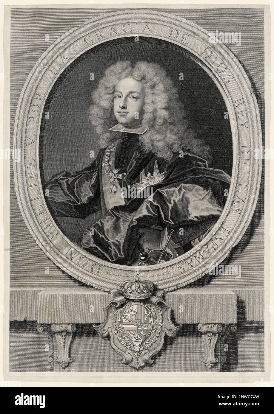 Philip V, roi d'Espagne (1683-1746). Artiste : Pierre Drevet, français, 1663–1738After : Hyacinthe Rigaud, français, 1659–1743 Banque D'Images