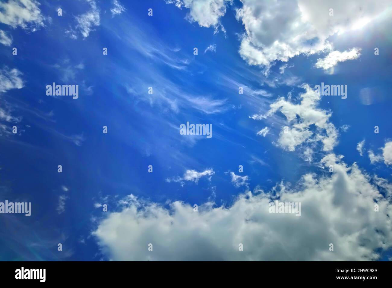 De magnifiques nuages de lumière blanche dans le ciel bleu. Ciel paisible au-dessus, aube paisible. Banque D'Images