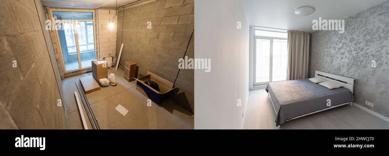 Réparation de locaux dans la maison. La chambre avant le surclassement. Banque D'Images