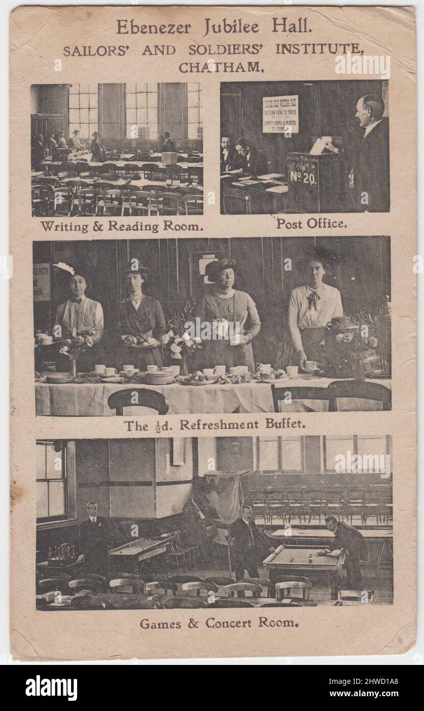 Scènes à l'intérieur de la salle du Jubilé de l'Ebenezer, Institut des marins et des soldats, Chatham. Les photos de cette carte postale montrent la salle d'écriture et de lecture, le bureau de poste, les femmes derrière les tables au buffet de rafraîchissements de la demi-pension et deux hommes jouant au billard dans la salle de jeux et de concerts. La carte postale a été envoyée en 1916 Banque D'Images