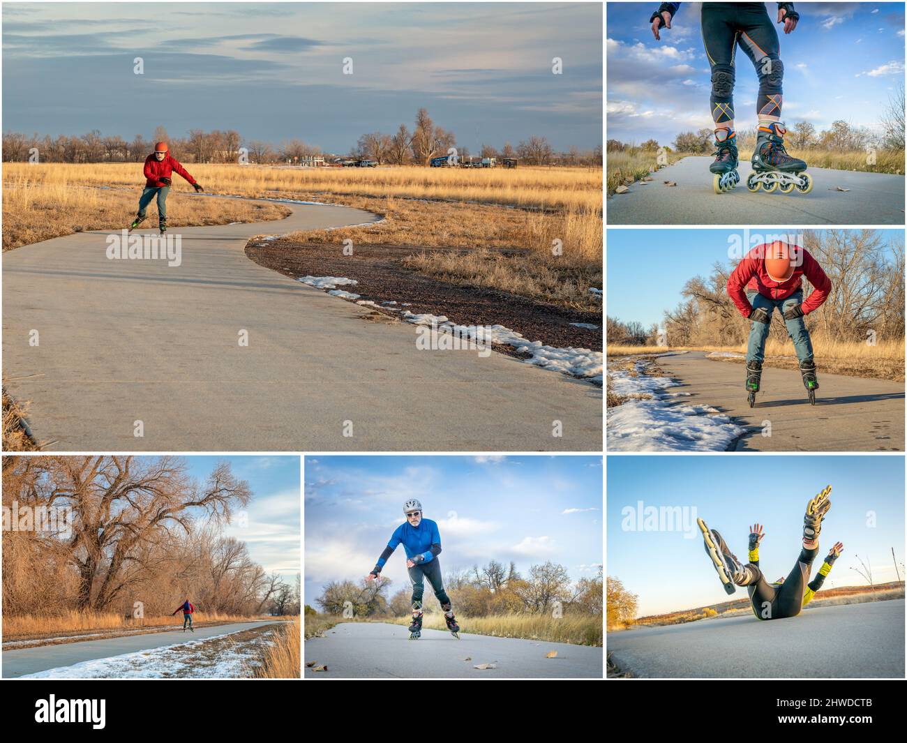 Patinage en ligne sur des pistes cyclables dans la région de fort Collins, dans le nord du Colorado - collection d'images présentant le même modèle masculin senior, automne et hiver Banque D'Images