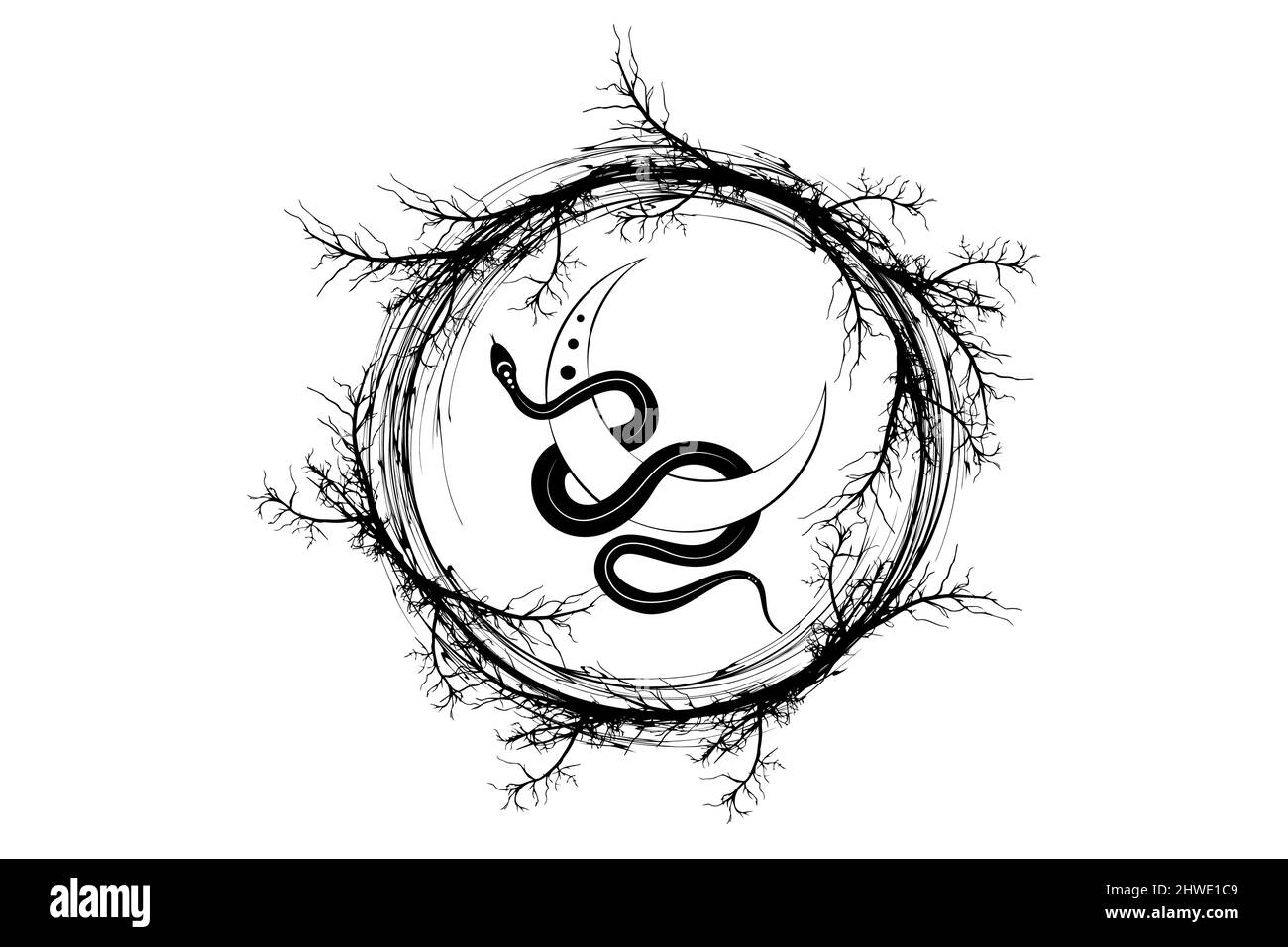 Serpent noir sur la Lune mystique du croissant magique dans la couronne de branches. Géométrie sacrée, symbole de la déesse céleste païenne de la wiccan. Signe, tatouage, cercle d'énergie, Illustration de Vecteur