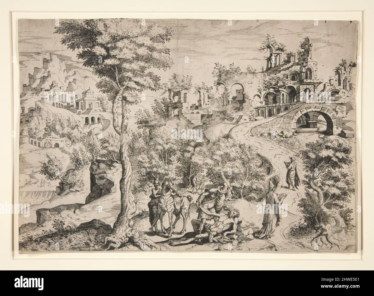 Paysage avec la parabole du bon Samaritain. Ecetcher: Johannes van Doetecum, l'ancien, néerlandais, actif 1554–ca. 1600Etcher: Lucas van Doetecum, néerlandais, est décédé avant 1584After: Maerten van Heemskerck, néerlandais, 1498–1574 Banque D'Images