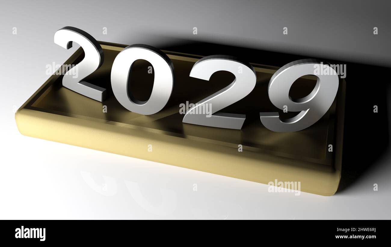 2029 écriture chromée sur un socle en laiton - 3D illustration de rendu Banque D'Images
