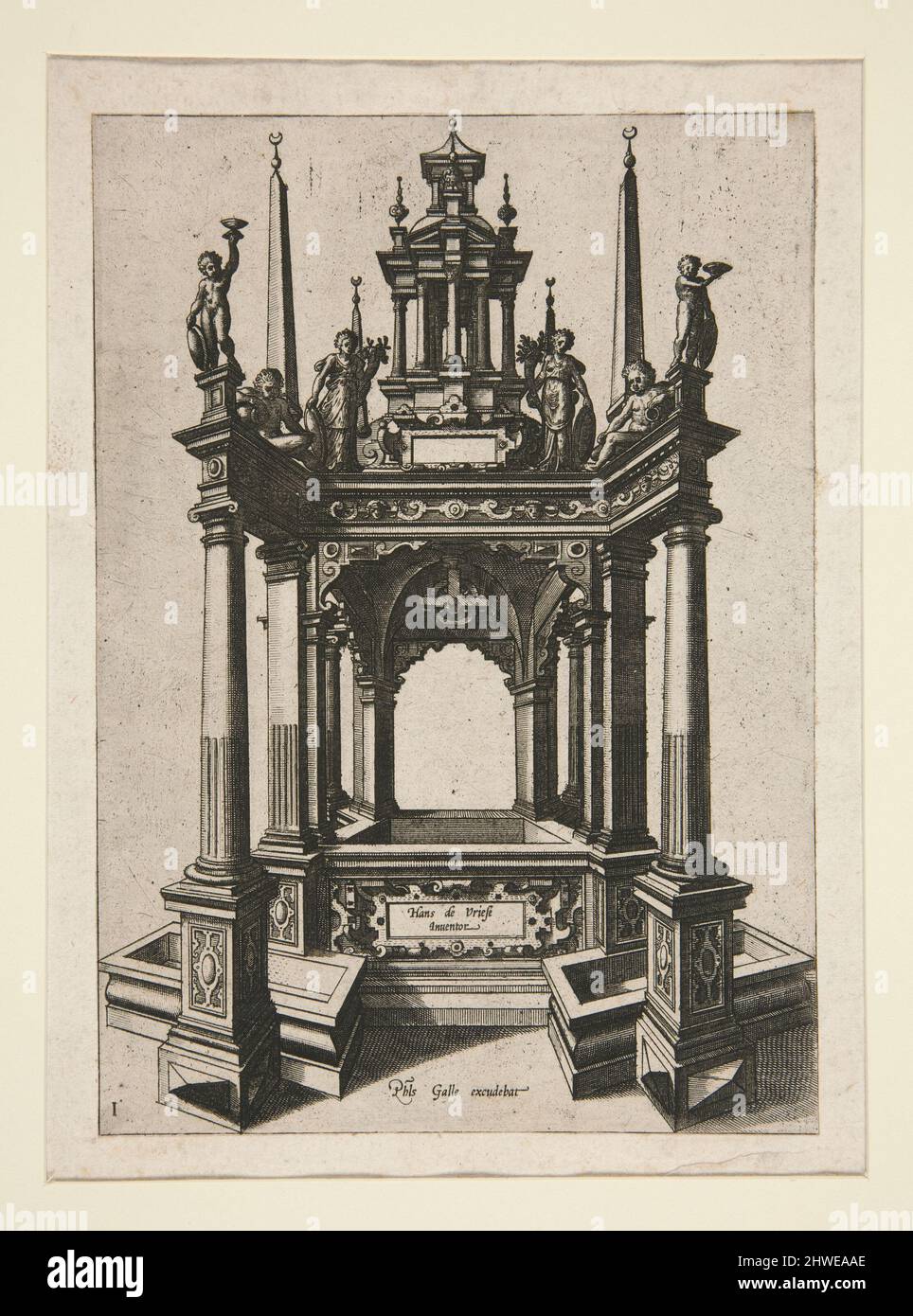 Conception de l'enceinte de puits architectural. Artiste: Philip Galle, flamand, 1537–1612After: Hans Vredeman de Vries, néerlandais, 1527–ca. 1606 Banque D'Images