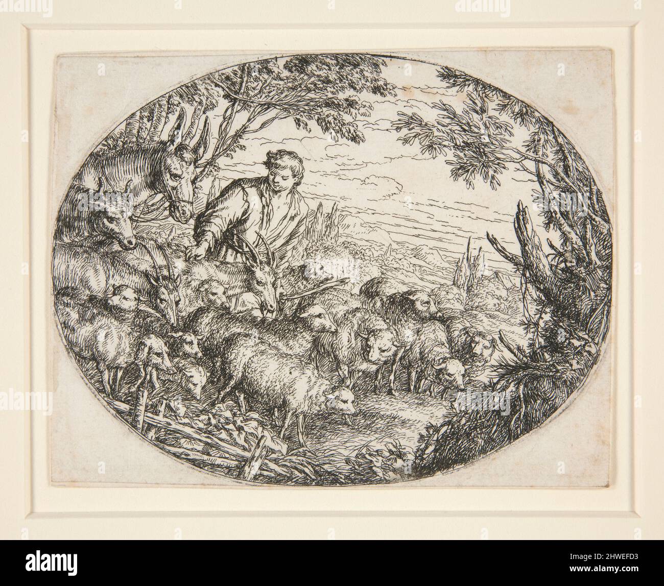 Der Hirte mit der Herde, im Oval (Un berger avec la Flock). Artiste: Jonas Umbach, Allemand, 1624–1693 Banque D'Images