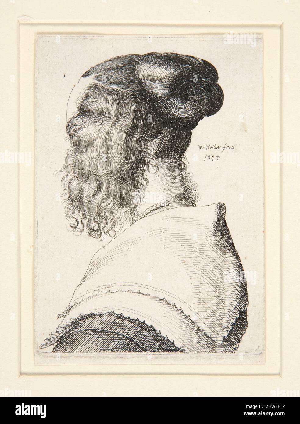 Jeune femme avec des boucles latérales vues de l'arrière vers la gauche (la femme de Holar vue de l'arrière ?). Artiste: Venceslaus Hollar, Bohême, 1607–1677 Banque D'Images