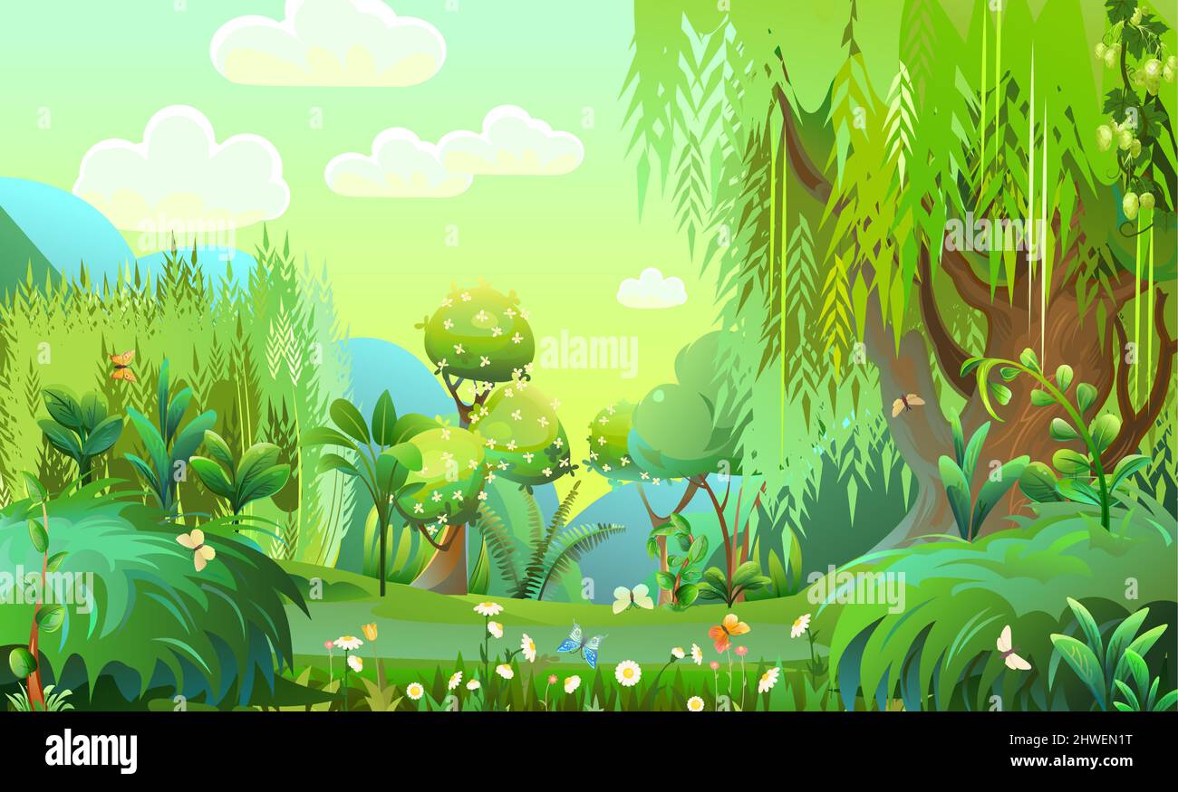Forêt de fées. Fleurs sauvages et papillons. Arbres à saules matures. Ciel du matin. Denses épaissis avec des fleurs et des papillons. Magnifique paysage d'été Illustration de Vecteur