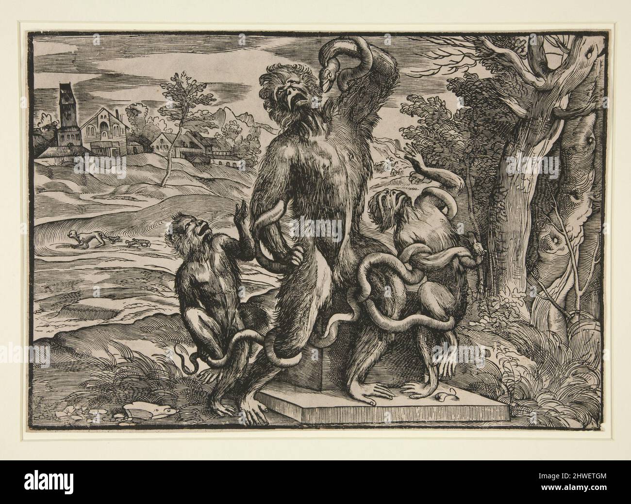 Trois Monkeys imitant le Laocoon (caricature du Laocoon). Coupe-bois: Niccolò Boldrini, italien, ca. 1500–après 1566After : Titien (Tiziano Vecellio), italien, Venise, ca. 1488–1576 Banque D'Images