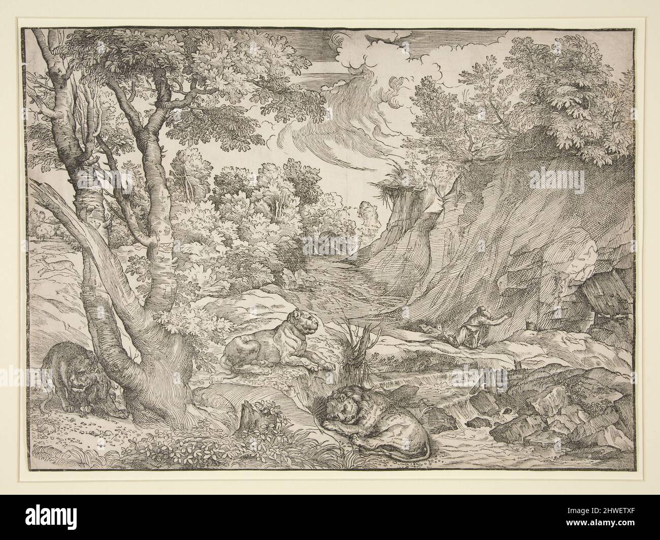 Saint-Jérôme dans le désert. Coupe-bois: Niccolò Boldrini, italien, ca. 1500–après 1566After : Titien (Tiziano Vecellio), italien, Venise, ca. 1488–1576 Banque D'Images