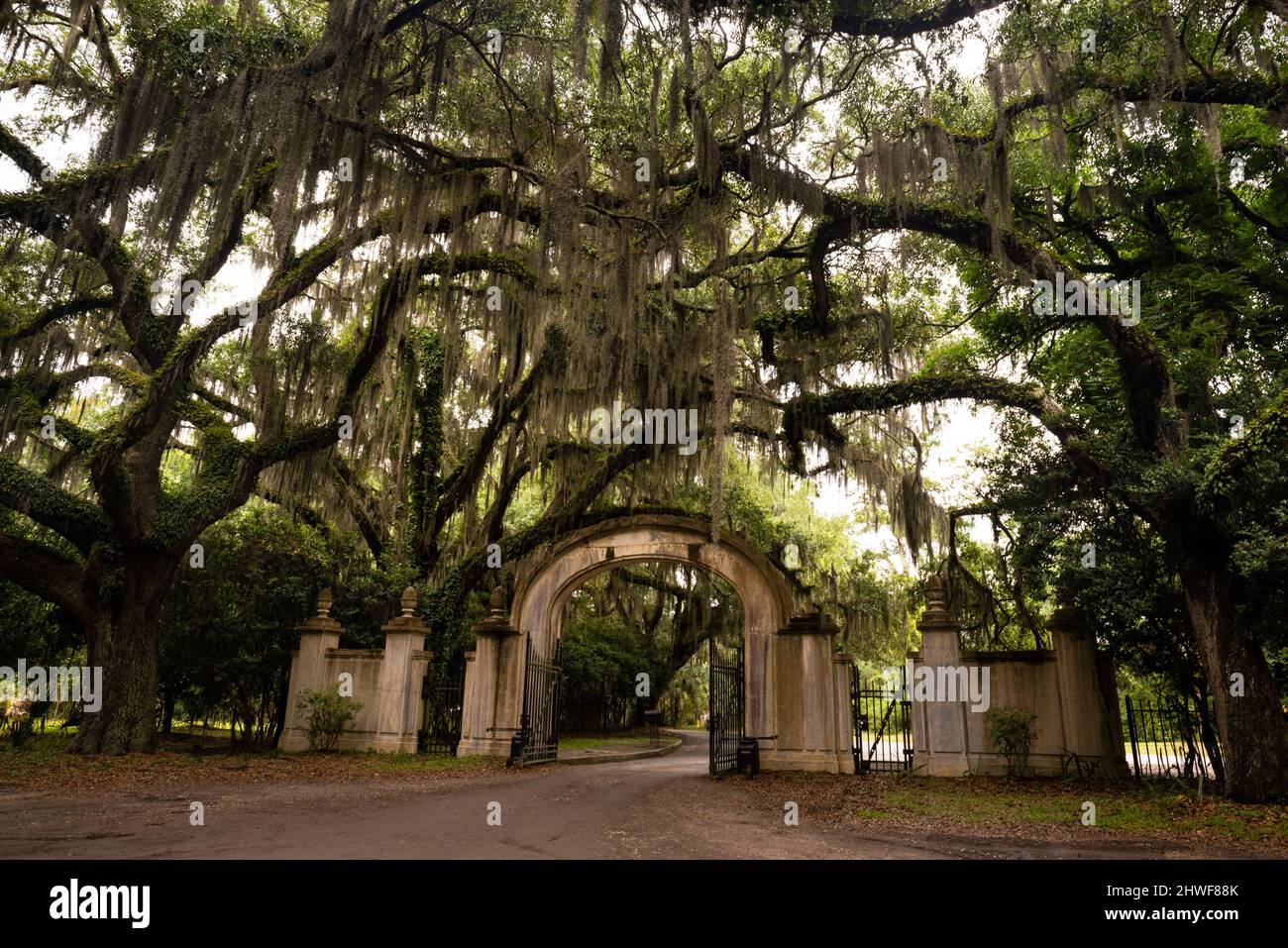 Porte du site historique de Wormsloe près de Savannah, Géorgie. Banque D'Images