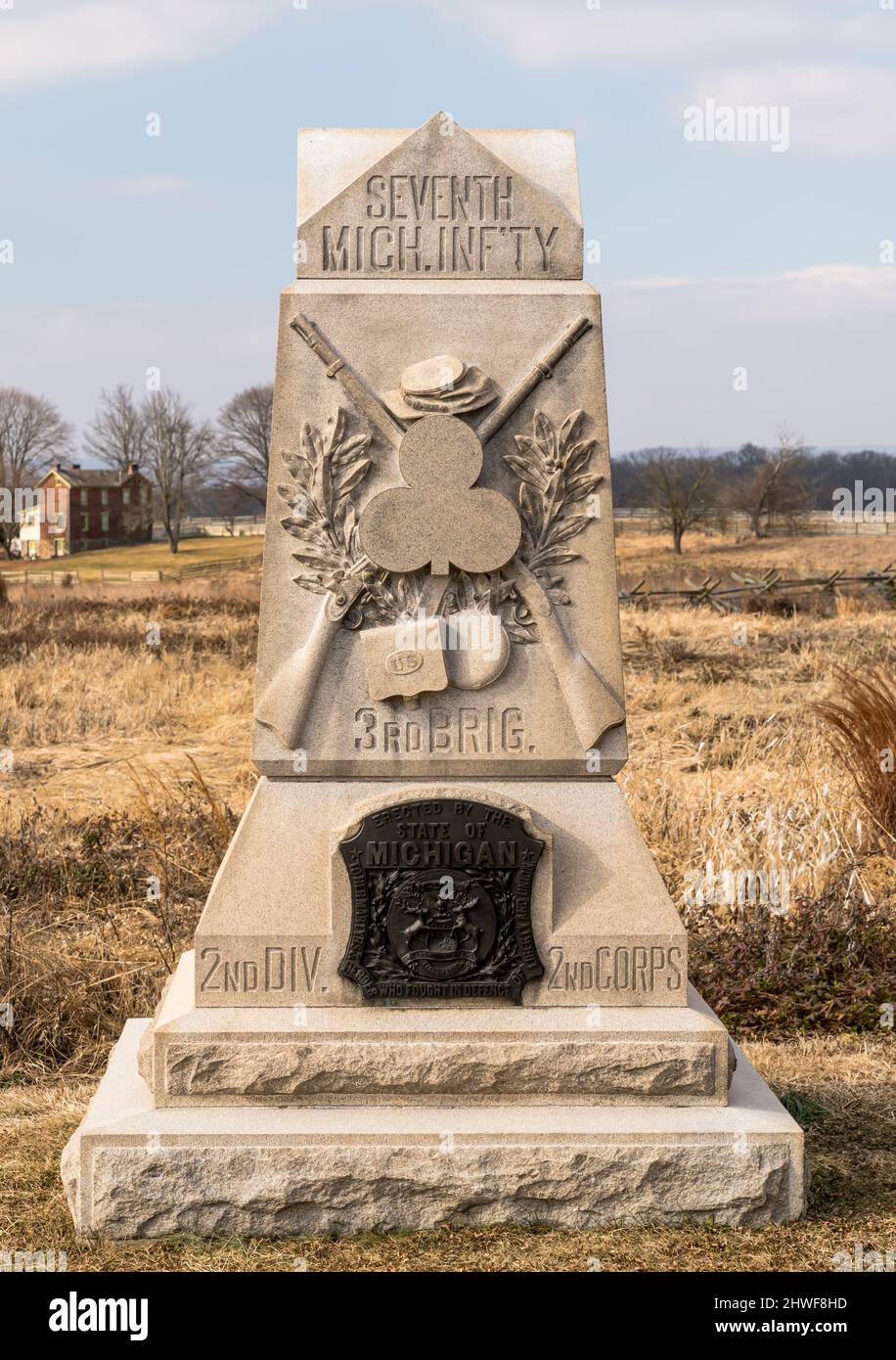 Le monument 7th du Michigan Volunteer Infantry Regiment, sur Hancock Avenue, au parc militaire national de Gettysburg, à Gettysburg, Pennsylvanie, États-Unis Banque D'Images