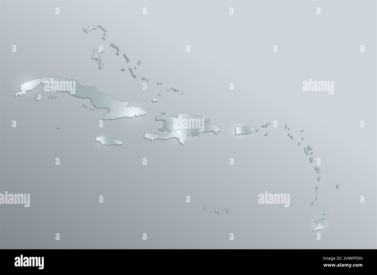 Carte des îles des Caraïbes, îles individuelles, carte en verre design 3D, vierge Banque D'Images