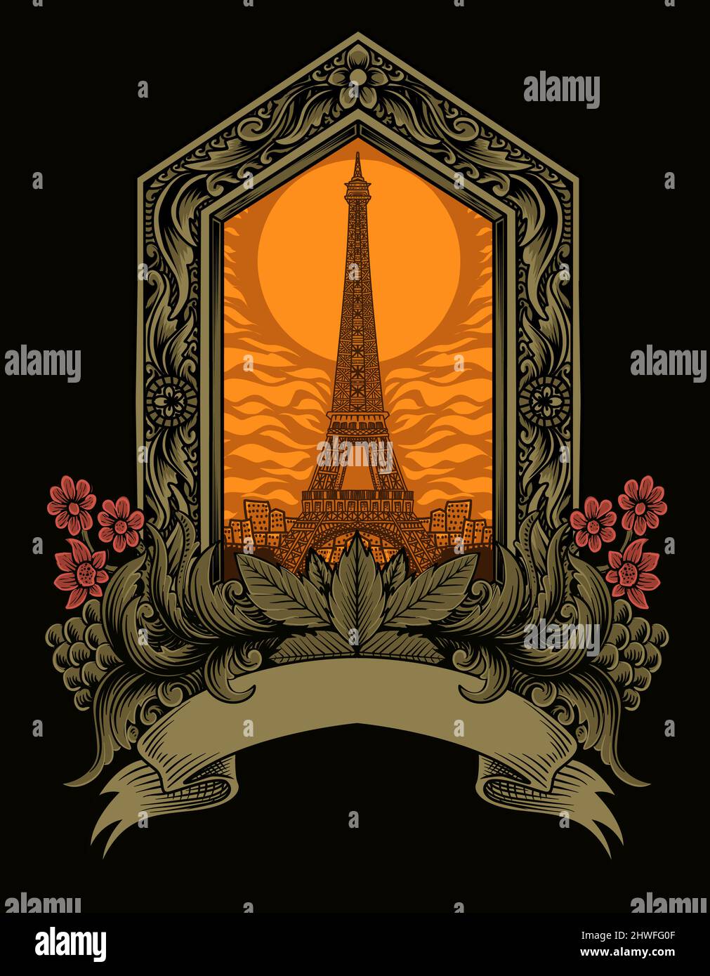 Illustration vecteur Tour Eiffel avec ornement de gravure vintage sur fond noir. Illustration de Vecteur