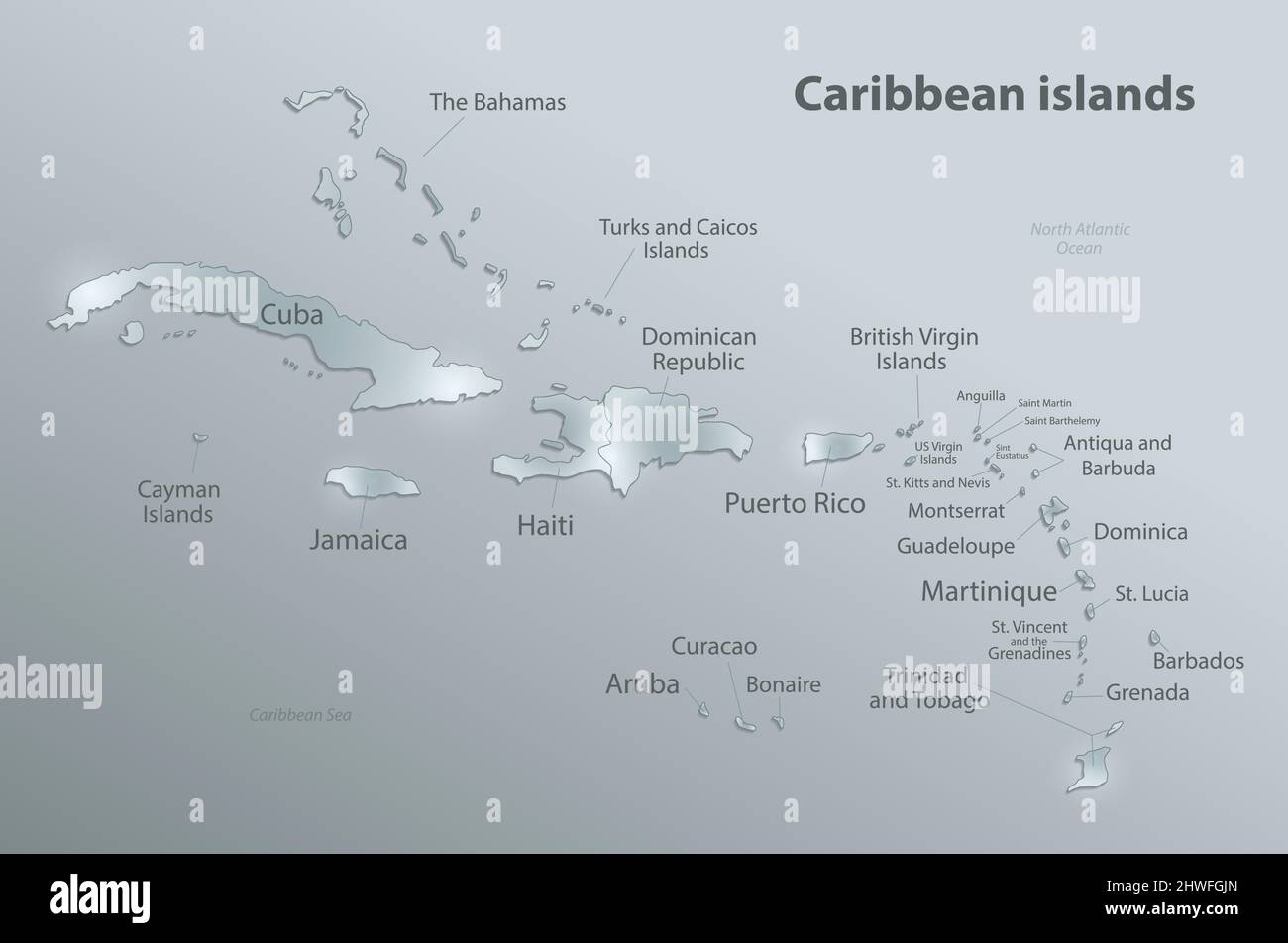 Carte des îles des Caraïbes, îles individuelles et noms, carte de verre design 3D vecteur Illustration de Vecteur