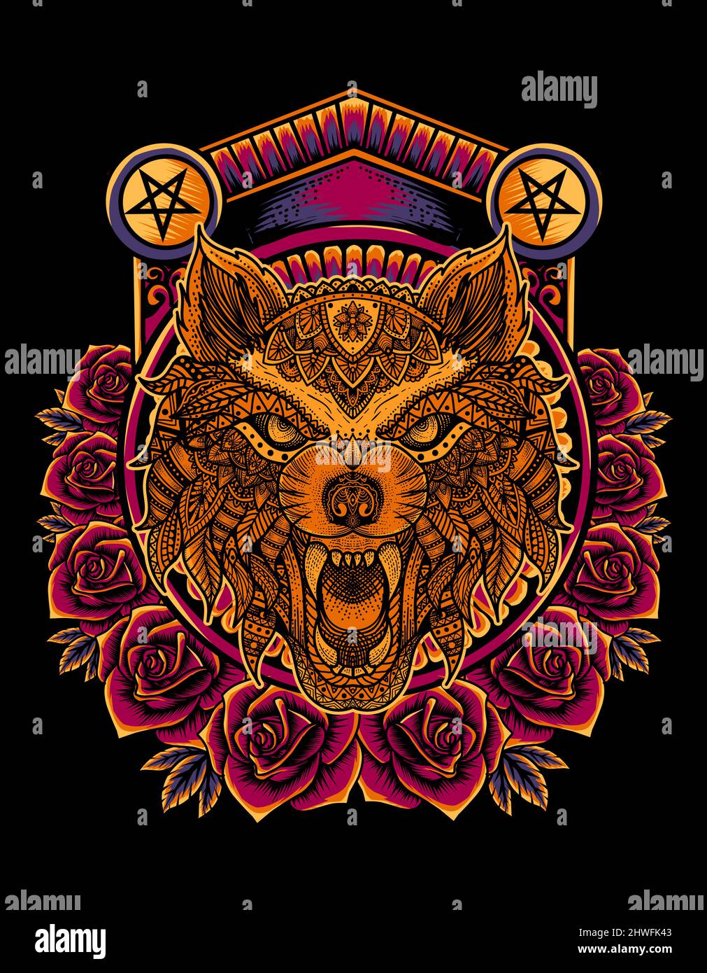 illustration tête de loup vecteur avec ornement rose Illustration de Vecteur