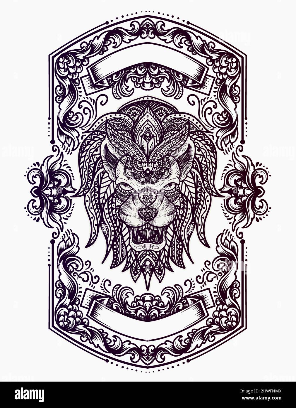 illustration vectorielle tête de lion avec décoration de mandala vintage Illustration de Vecteur