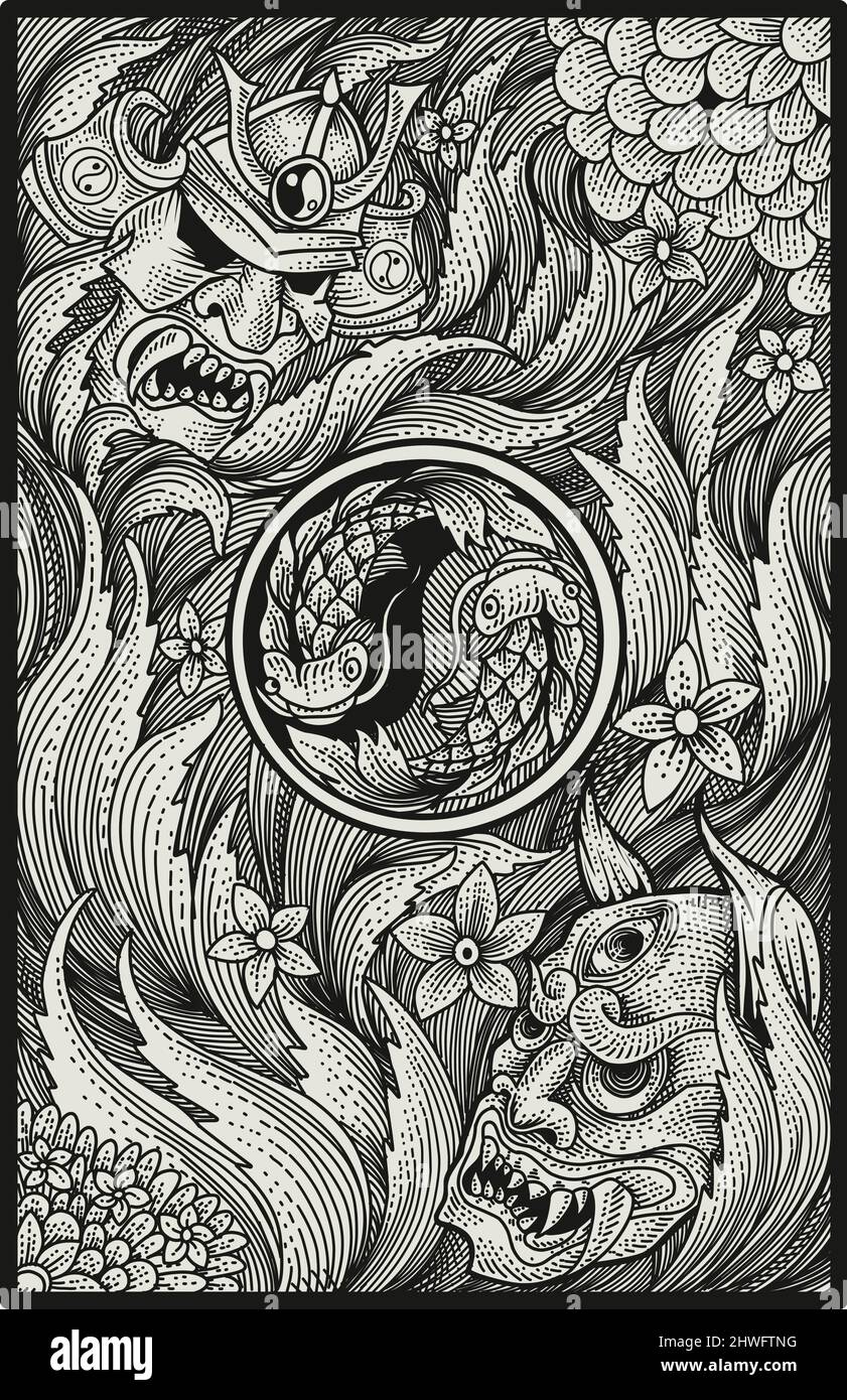 illustration vecteur main dessin japonais samouraï et le masque oni sur l'art de motif de gravure Illustration de Vecteur