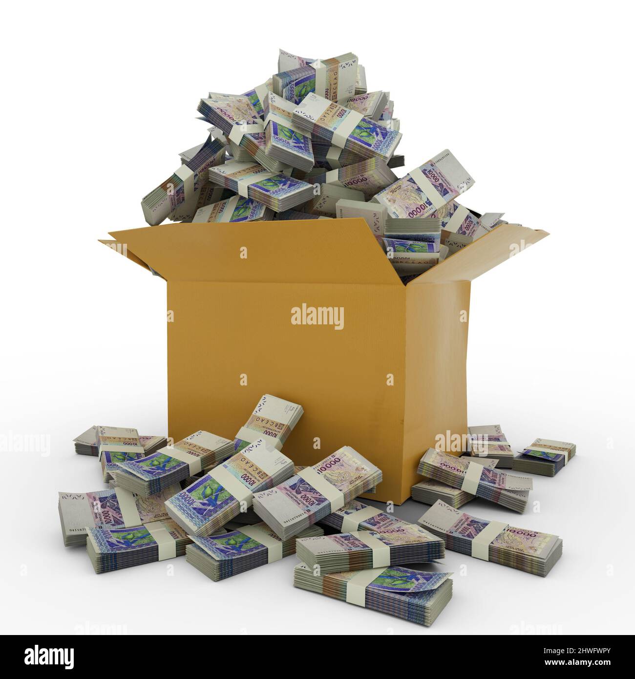3D rendu d'une boîte de carton pleine de billets de franc CFA d'Afrique de l'Ouest isolés sur fond blanc Banque D'Images