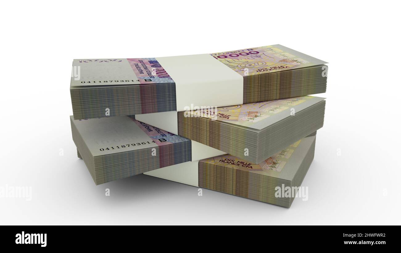 3D restitution de la pile de billets franc CFA d'Afrique de l'Ouest. Peu de paquets de monnaie CFA d'Afrique de l'Ouest isolés sur fond blanc Banque D'Images