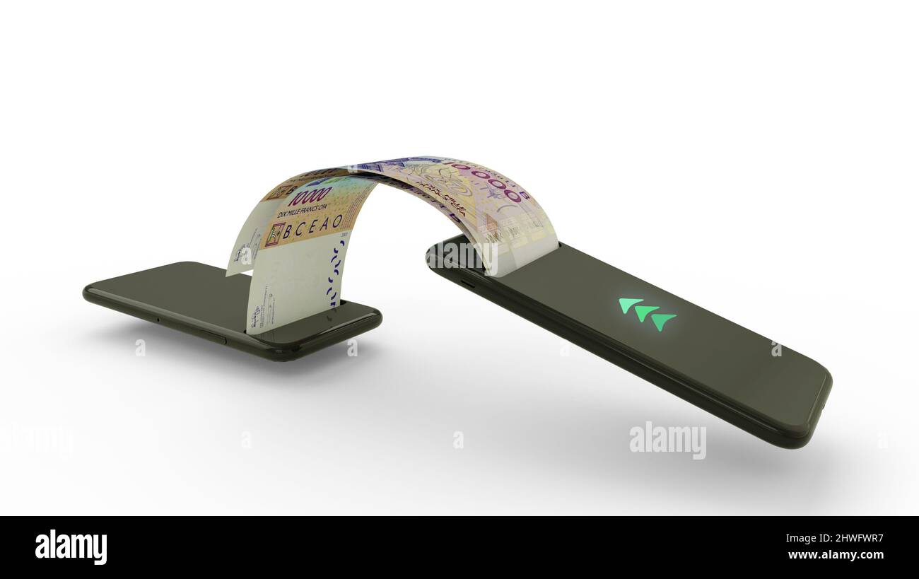 3D restitution de billets en francs CFA d'Afrique de l'Ouest, transfert d'un téléphone à un autre. Concept de transaction d'argent mobile Banque D'Images