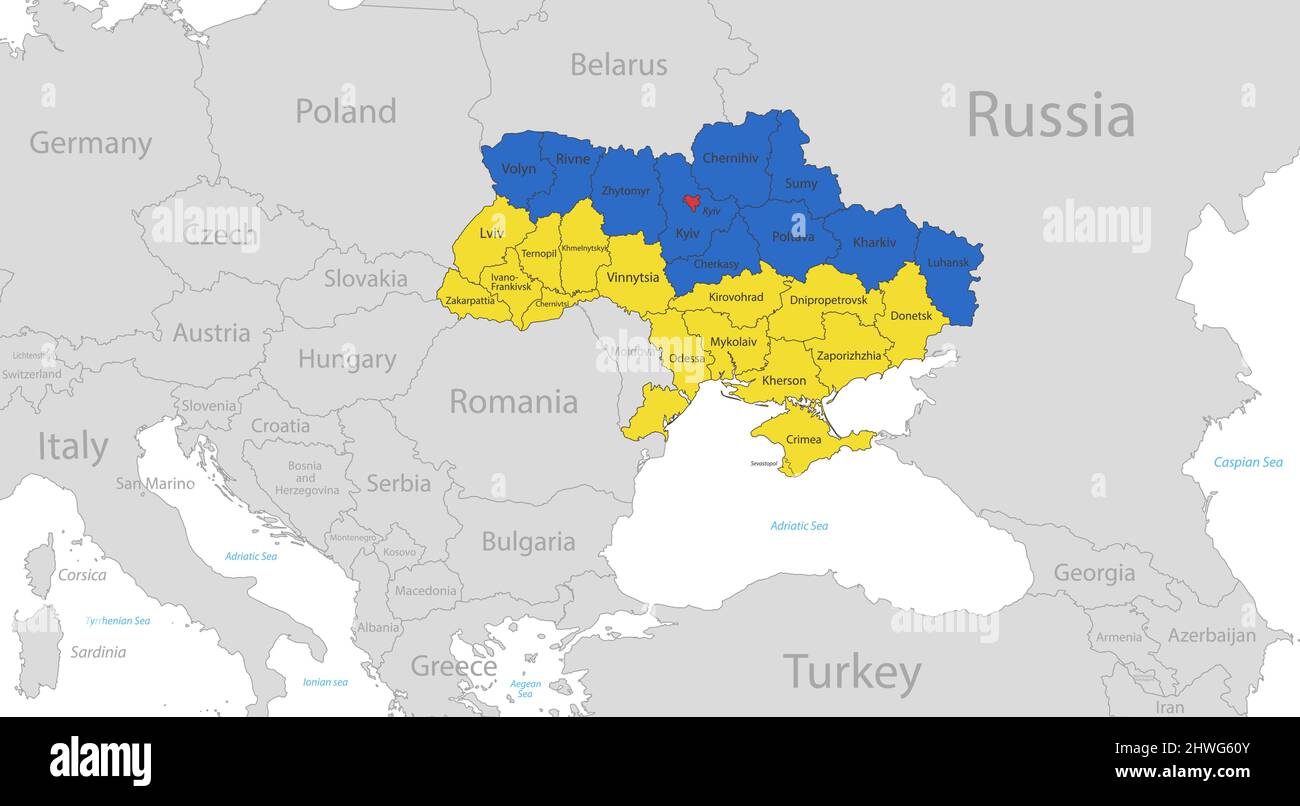 Carte de l'Ukraine dans les couleurs du drapeau avec les régions individuelles et la capitale, avec les États voisins avec les noms vecteur Illustration de Vecteur