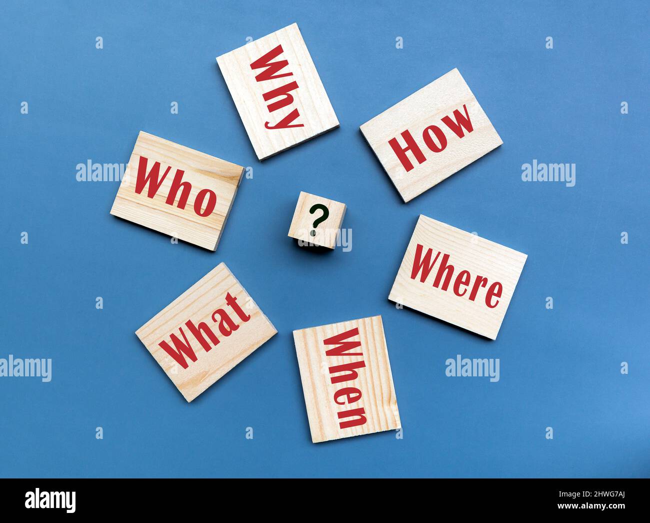 5 questions WS et 1 H sur cube en bois sur fond bleu dont les réponses sont essentielles pour résoudre les problèmes. Banque D'Images