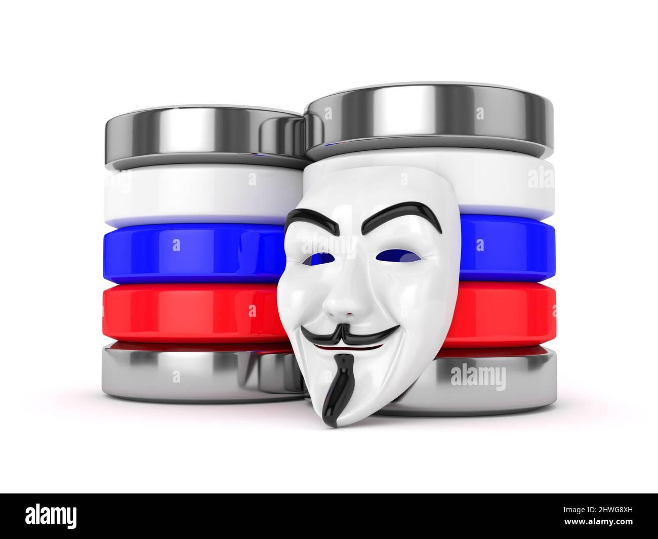 3d rendu du masque anonyme et des serveurs avec drapeau russe sur fond blanc Banque D'Images