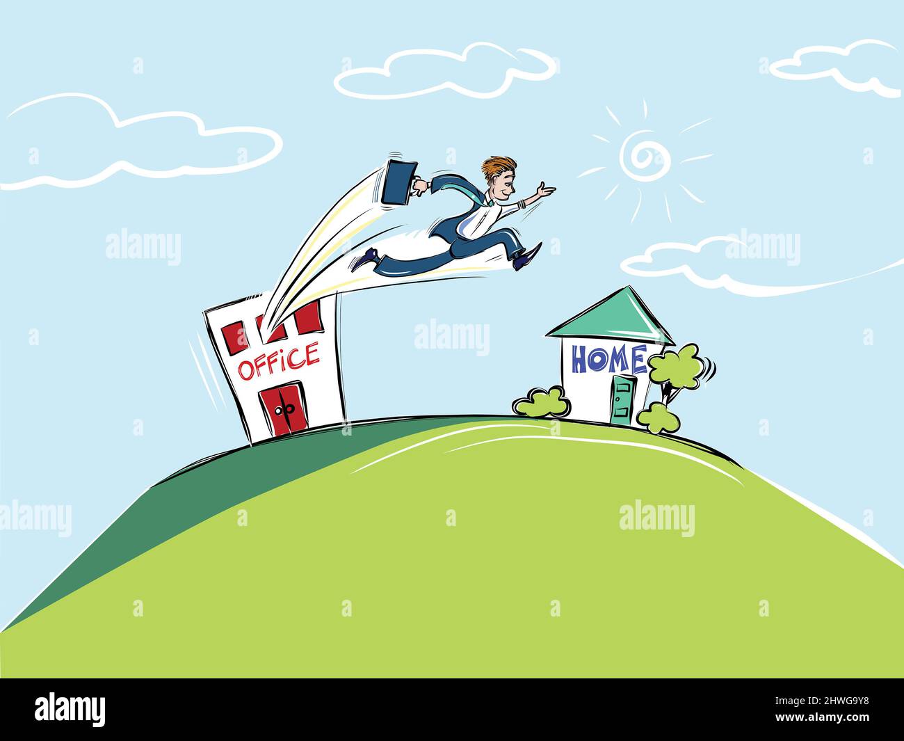 Le travail à domicile est très courant. Ce dessin animé montre un homme dans un costume avec une mallette, sautant d'un immeuble de bureau à la maison avec des arbres. Banque D'Images