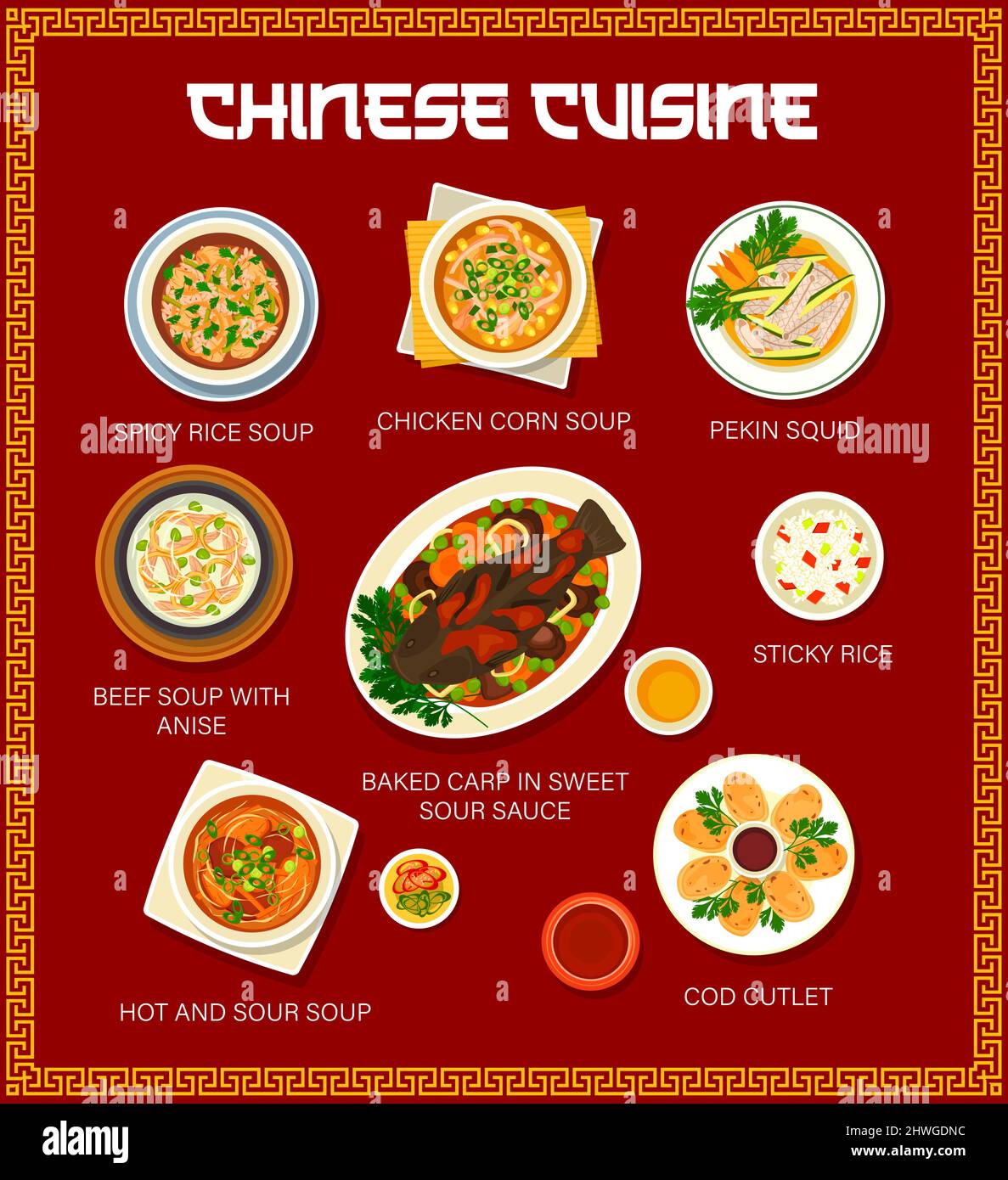 Menu de cuisine chinoise, plats et repas asiatiques, riz vectoriel avec poulet et bœuf. Affiche du menu de cuisine traditionnelle chinoise avec fruits de mer de calmar de Pékin, riz collant, soupe épicée de maïs au poulet et côtelette de morue Illustration de Vecteur