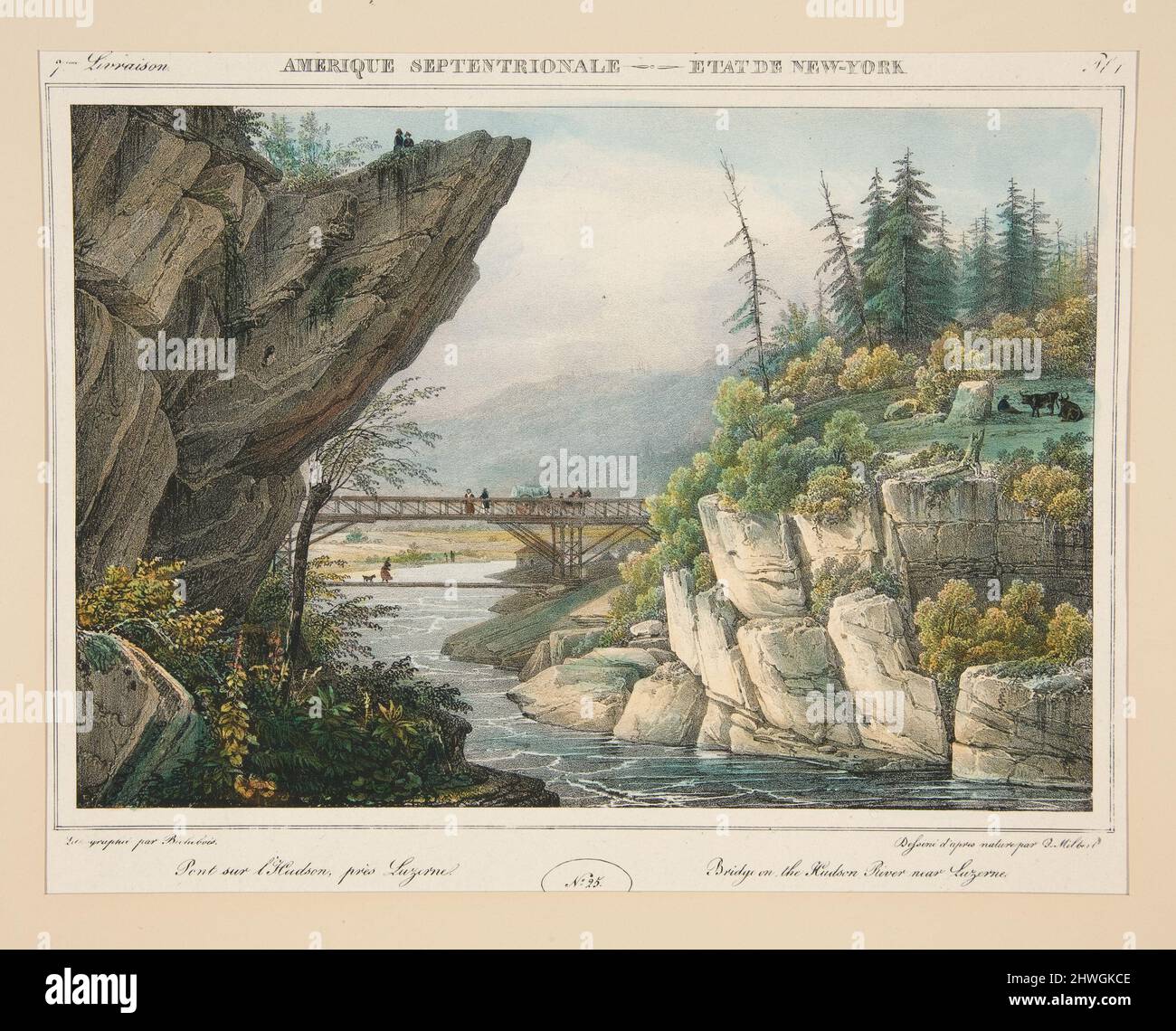 Amerique Septrionale - État de New York. N. 25, pl. 1….Pont sur la rivière Hudson près de Luzerne. Après : Jacques Gerard Milbert, français, 1766–1840 Banque D'Images