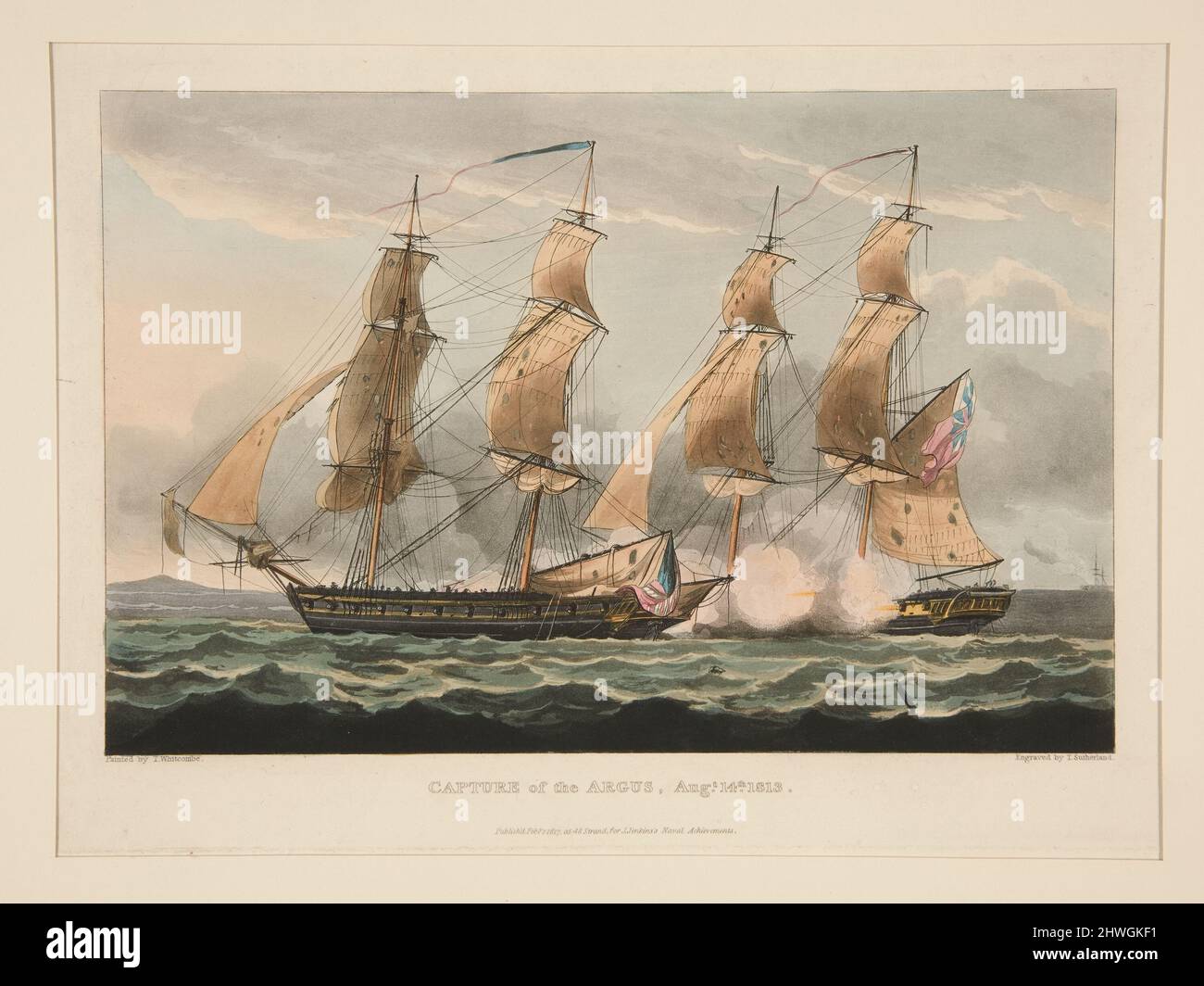 Capture de l'Argus, Augs. 14th, 1813. Artiste: Thomas Sutherland, Britannique, 1785–1838After: Thomas Whitcombe, Britannique, ca. 1752 environ 1824 Banque D'Images