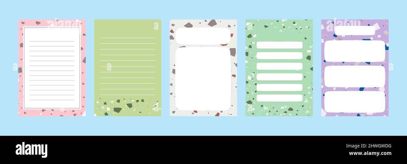 Set collection de notes de mémo vierge coloré fichier de lettre document journal modèle de livre avec motif abstrait terrazzo sans couture. Minimalisti moderne Illustration de Vecteur