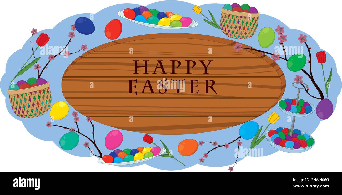 Panneau en bois de pâques joyeux décoré avec des œufs et des fleurs illustration vectorielle Illustration de Vecteur