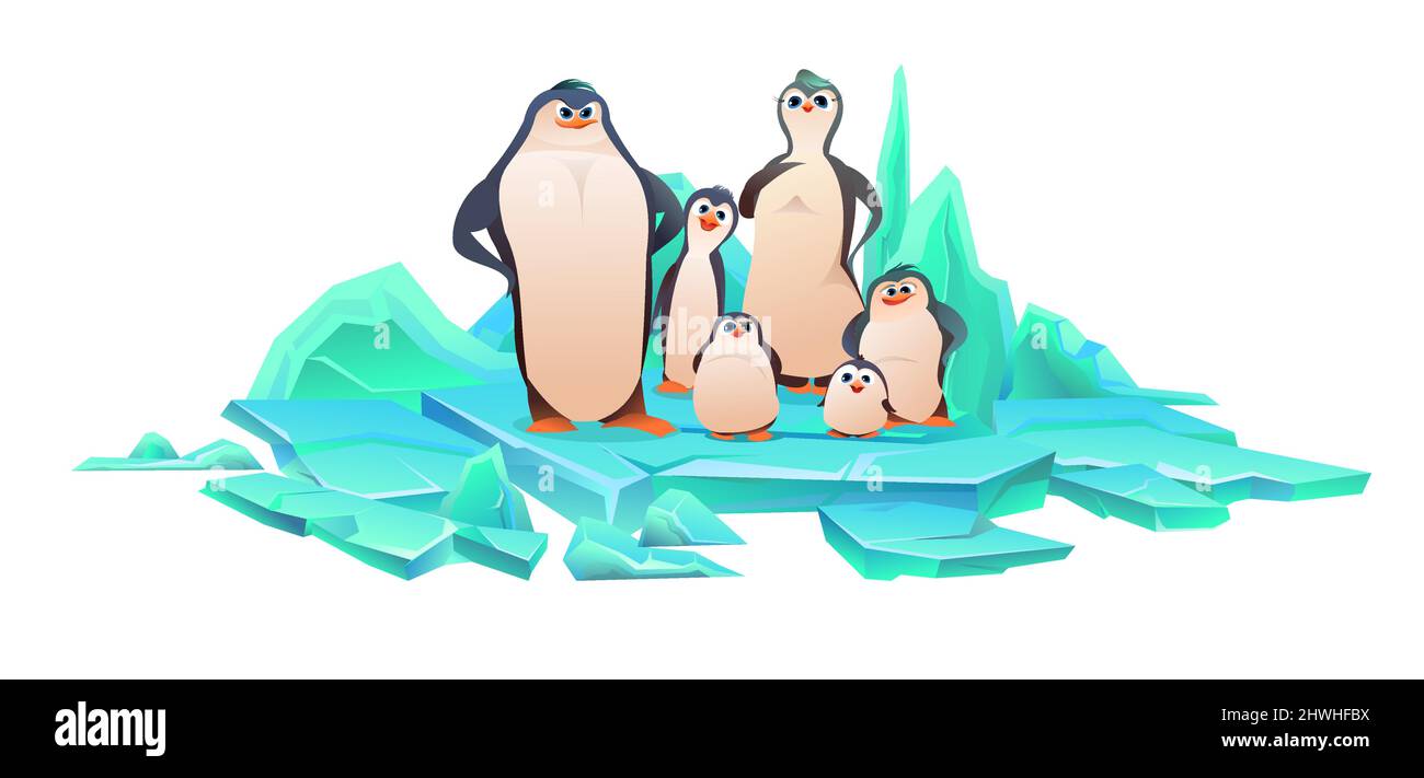 Famille de pingouins sur une banquise. Oiseaux les parents et les enfants sont des poussins d'âges et de personnages différents. Joyeux drôle de personne. Style Koik. Isolé Illustration de Vecteur