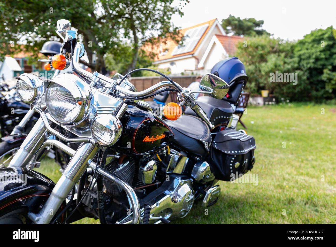 Woodbridge Suffolk UK août 14 2021 : une moto classique Harley-Davidson FLSTF 1992 exposée lors d'une rencontre de motards Banque D'Images