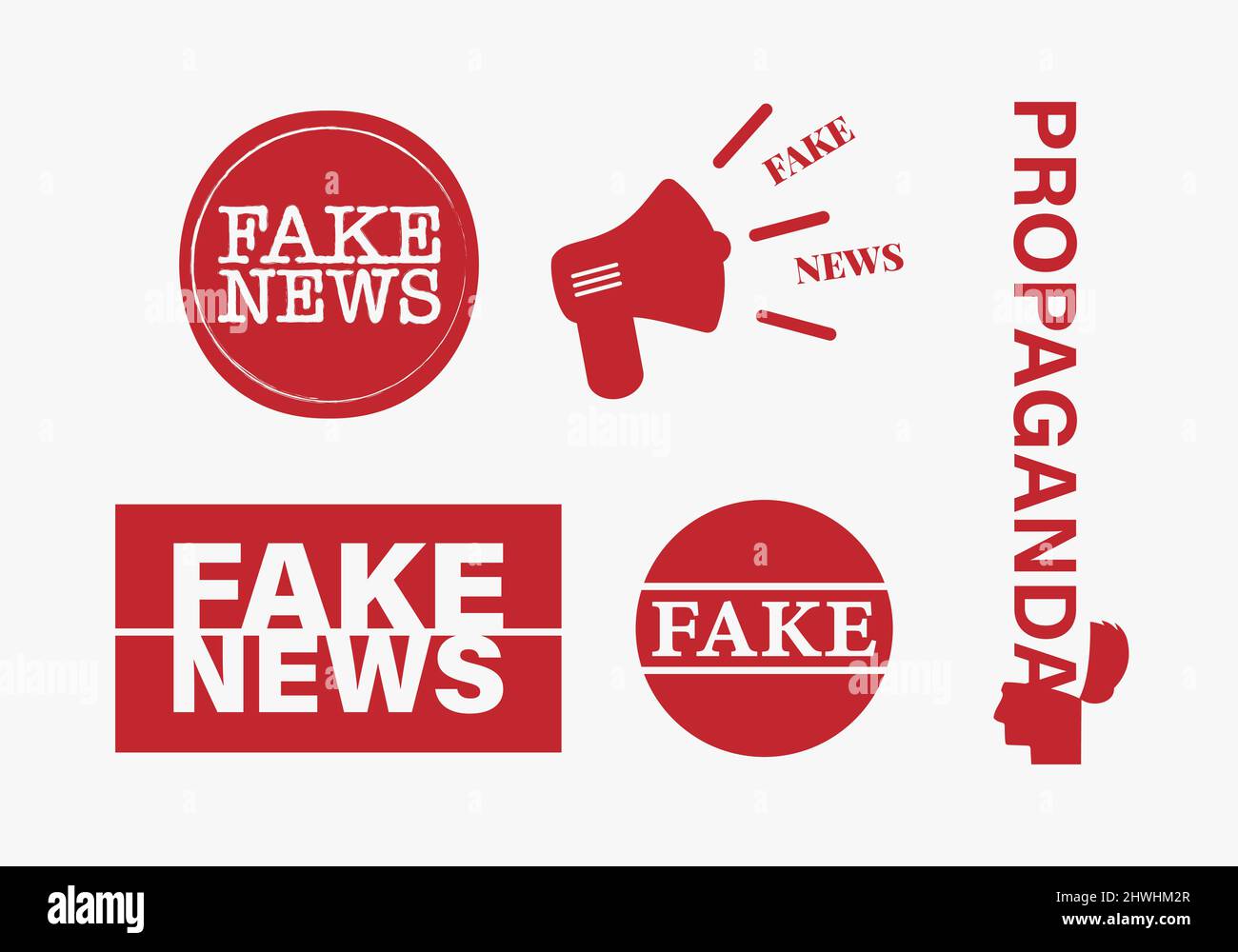 Fausses nouvelles, propagande, icône du mégaphone. Graphiques vectoriels rouges isolés sur fond blanc. Illustration de Vecteur