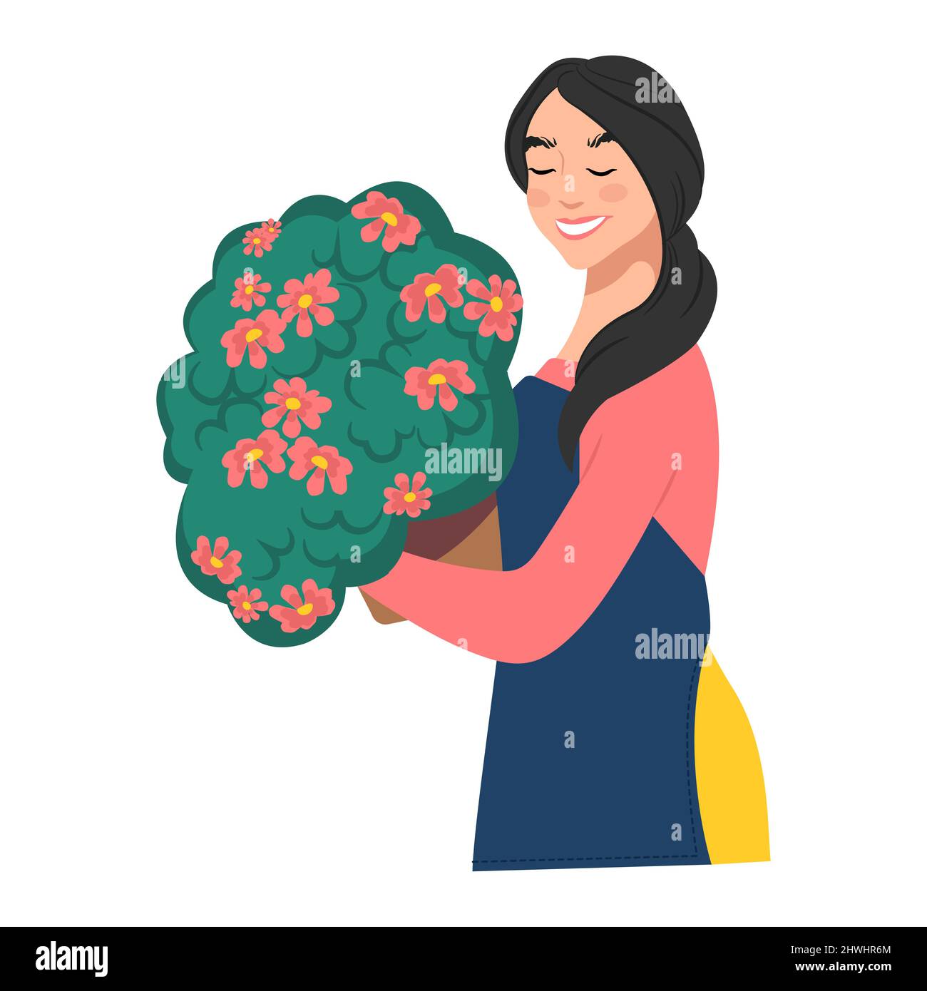 Fleuriste femme tenant un pot avec une fleur luxuriante. Illustration vectorielle Illustration de Vecteur