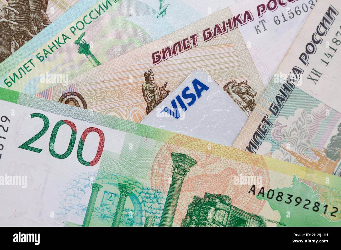 Visa carte de crédit et roubles russes Banque D'Images