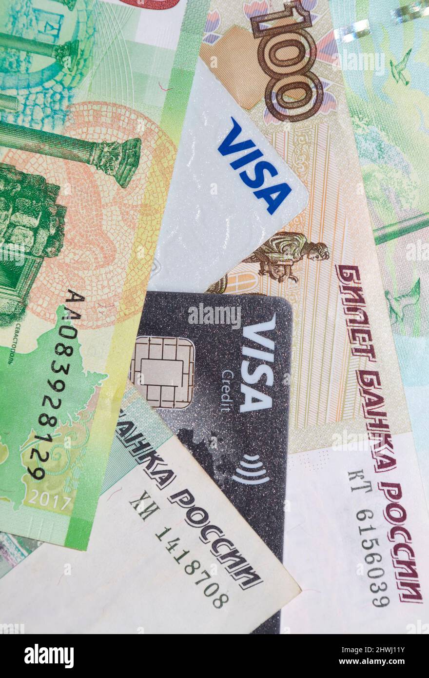 Visa carte de crédit et roubles russes Banque D'Images
