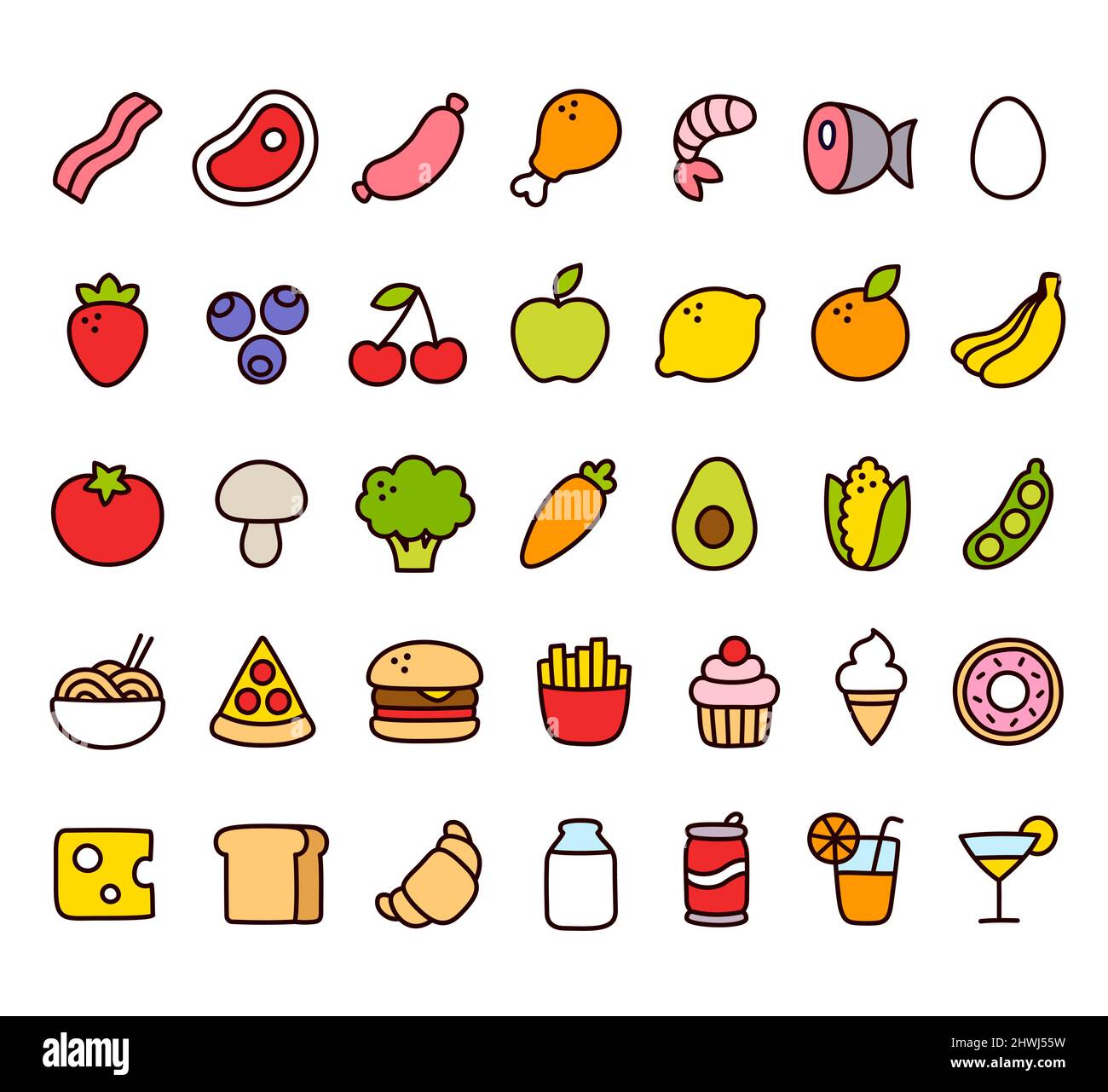 Dessins animés à la main, des icônes de cuisine de style Doodle. Fruits et légumes, viande, fast-food, desserts et boissons. Pictogrammes mignons, jeu d'illustrations vectorielles. Illustration de Vecteur