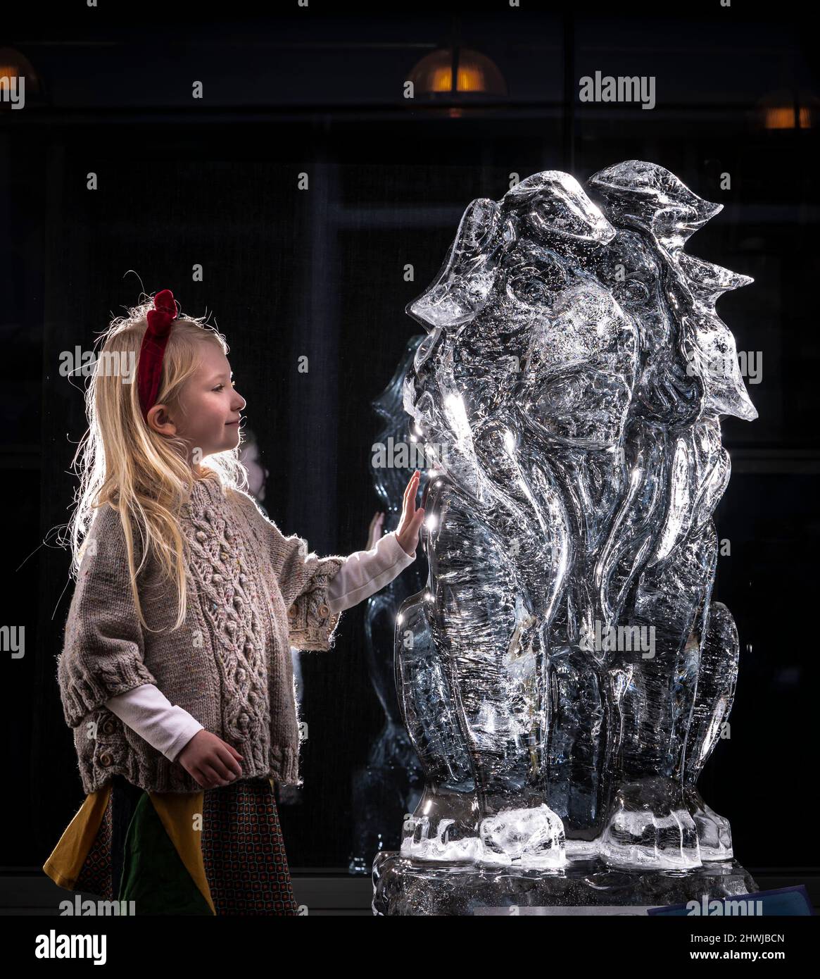 Jeanie, 4 ans (aucun nom de famille), voit une sculpture sur glace d'un lion qui fait partie de la piste de glace de York dans le centre-ville de York, qui comprend plus de 40 sculptures de glace solide. Date de la photo: Dimanche 6 mars 2022. Banque D'Images