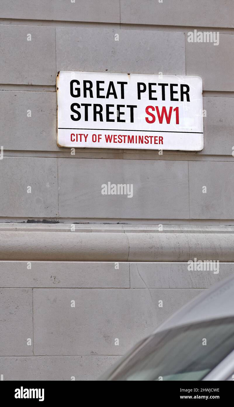 Panneau de rue pour Great Peter Street, Westminster SW1, Londres, Angleterre. Banque D'Images