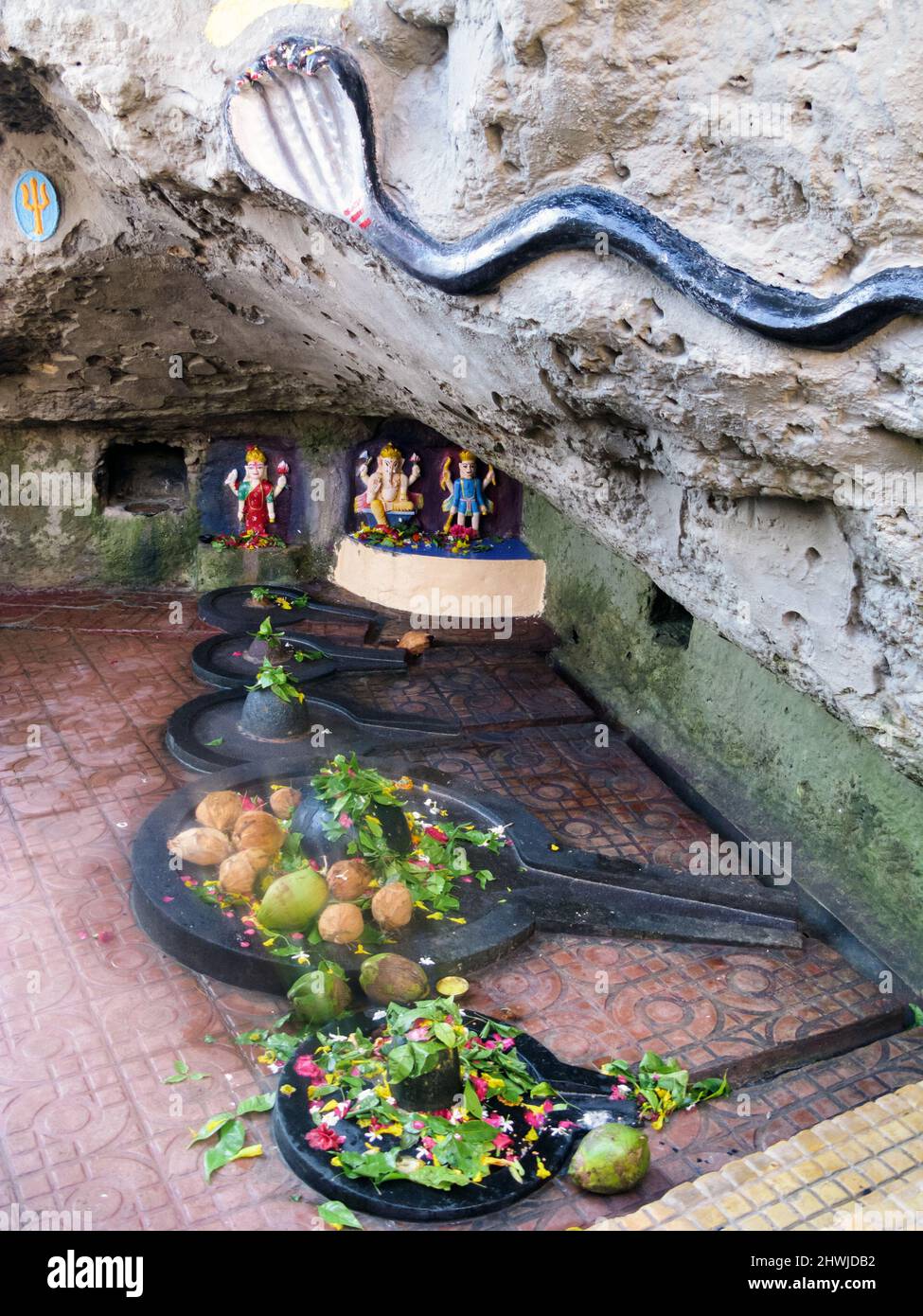 Inde, Gujarat, île de DIU. Gangeshwar Mahadev Shiva temple. Shivlinjams avec offrandes à Shiva lavé par la mer à marée haute. Banque D'Images