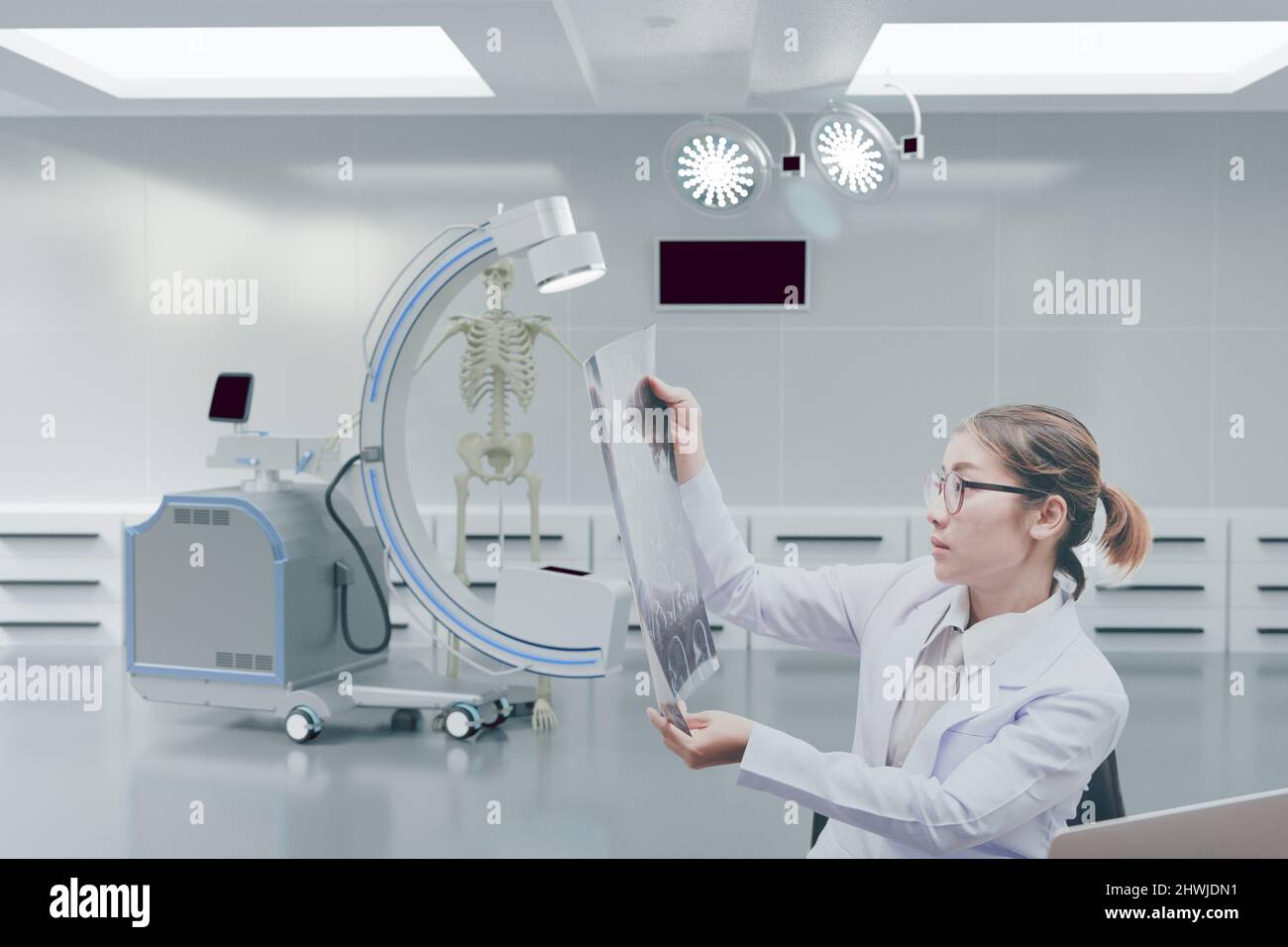 Un jeune médecin tenant des rayons X et CT peut tracer des points de blessure, 3D images de rendu Banque D'Images