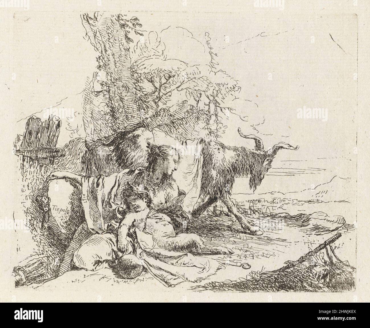 Un Nymph avec un petit Satyr et deux chèvres, de Vari capricci (divers Capriccios). Artiste: Giovanni Battista Tiepolo, Italien, Venise, 1696–1770 Banque D'Images