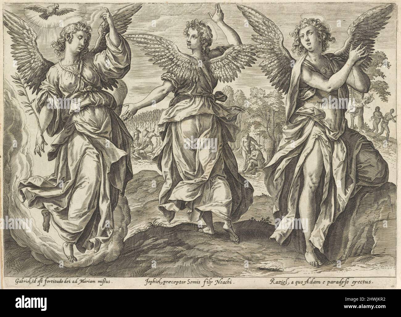 Les Anges Gabriel, Jophiel et Raziel. Artiste, probablement par : Gerard de Jode, flamand, 1509 ou 1517–1591 Banque D'Images