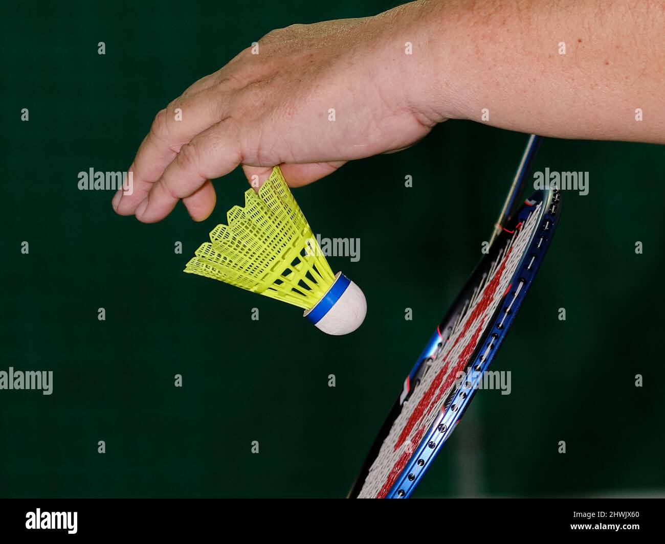 Gros plan d'une main tenant un volant au-dessus d'une raquette de badminton, capturant un moment sportif en salle concentré. Banque D'Images