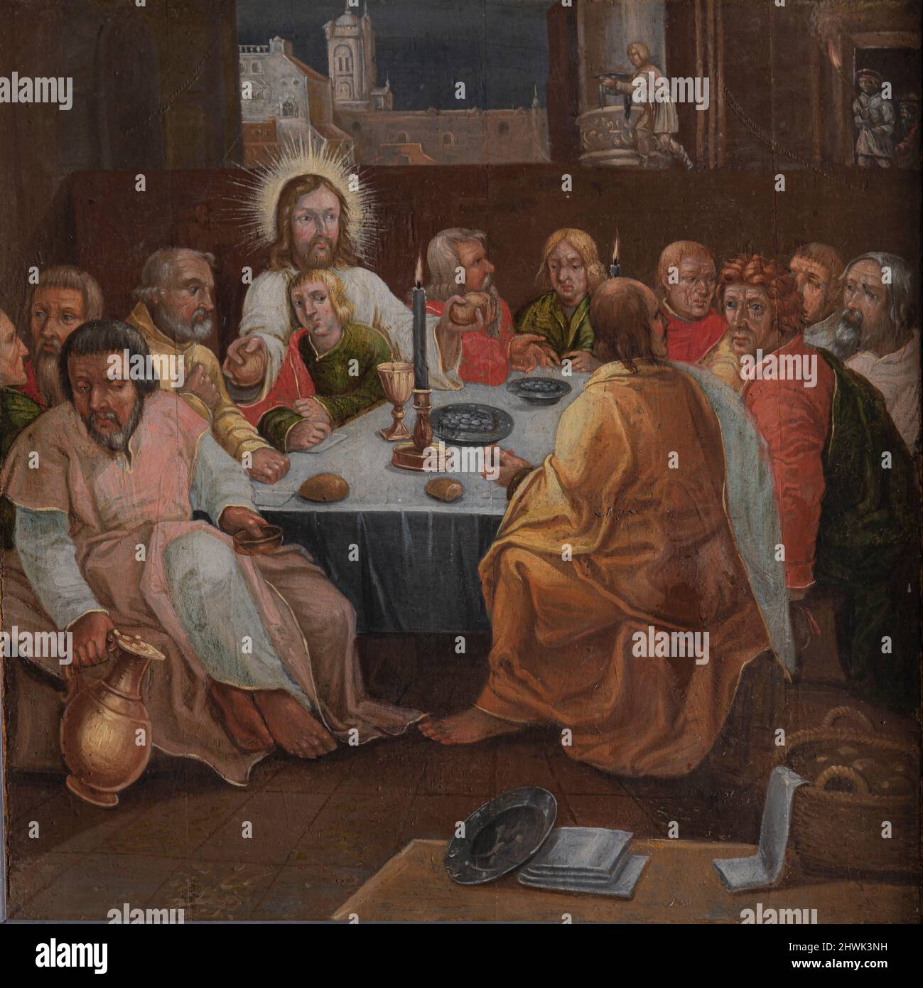 Retable de 1625 d'un artiste inconnu représentant le dernier souper avec Jésus et ses diciples assis autour d'une table, Orslev, Danemark, 9 août 202 Banque D'Images