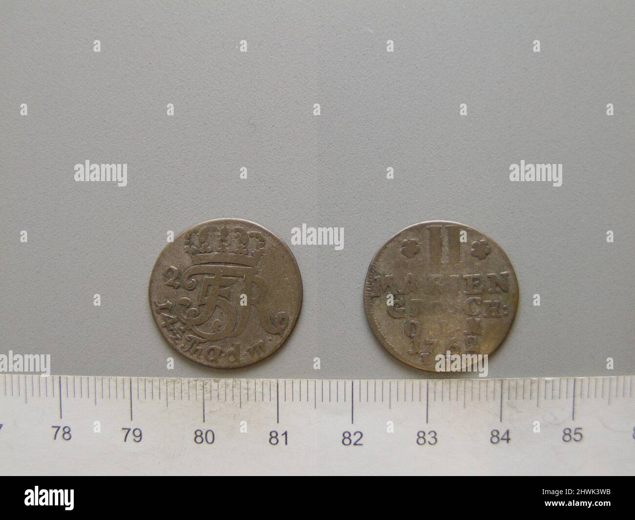 2 Maravedis de Friedrich V d'Oldenburg. Souverain: Friedrich V, Danois, 1723–1766 monnaie: Oldenburg artiste: Johann Heinrich Madelung, Allemand, 1760–1766 Banque D'Images